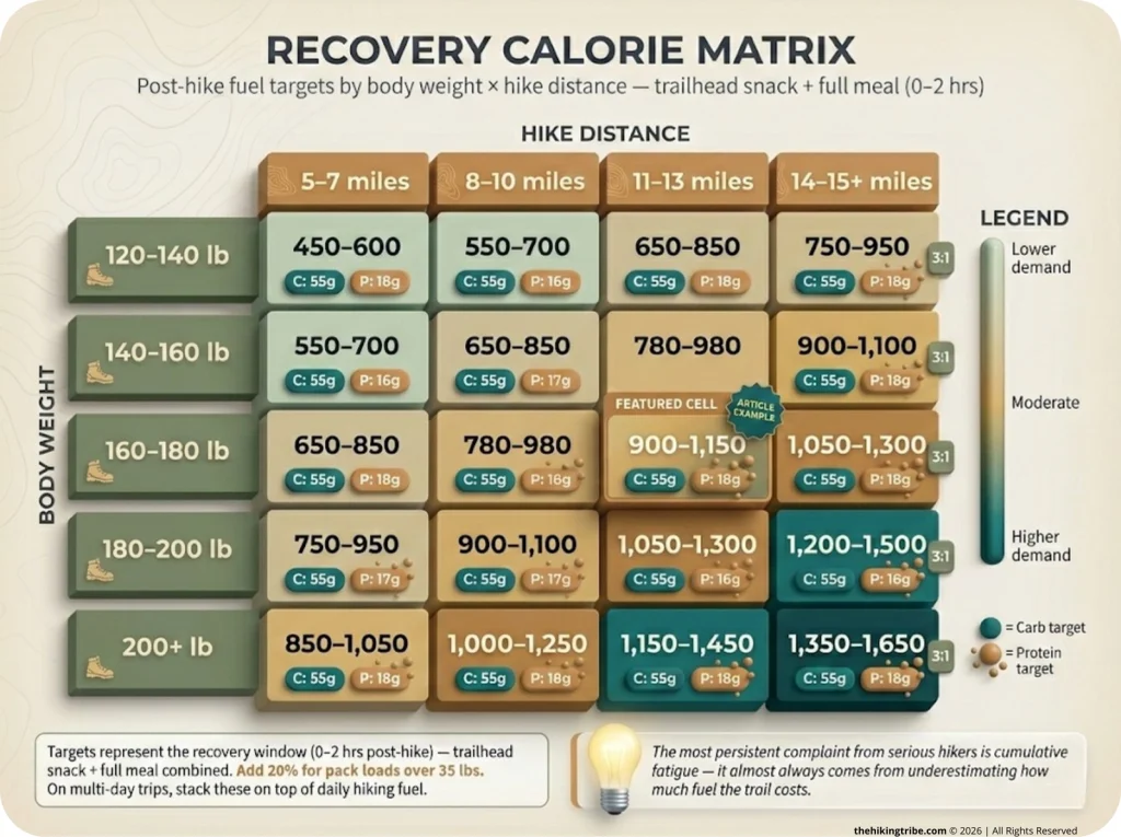 Infographic showing recovery calorie and macro targets matrix by body weight (120–200 lb) and hike distance (5–15 miles)