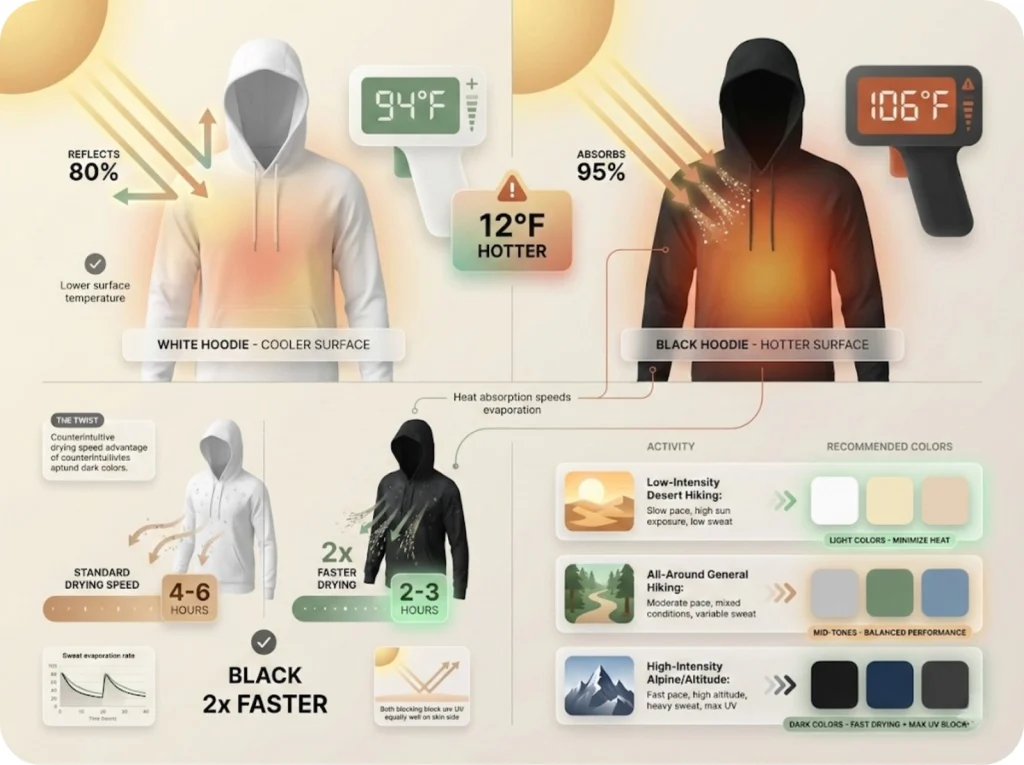 Temperature and drying speed comparison between white and black sun hoodies with color recommendation matrix by activity type.