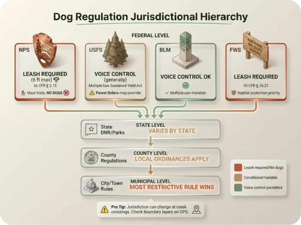 Vertical flowchart showing federal to municipal jurisdictional hierarchy for dog regulations with color-coded leash status and CFR citations.