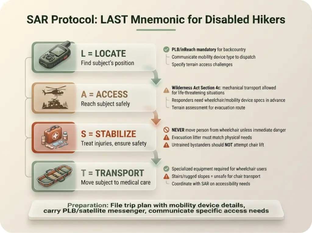 Vertical flowchart showing LAST SAR mnemonic (Locate, Access, Stabilize, Transport) with disabled-hiker-specific considerations at each step.