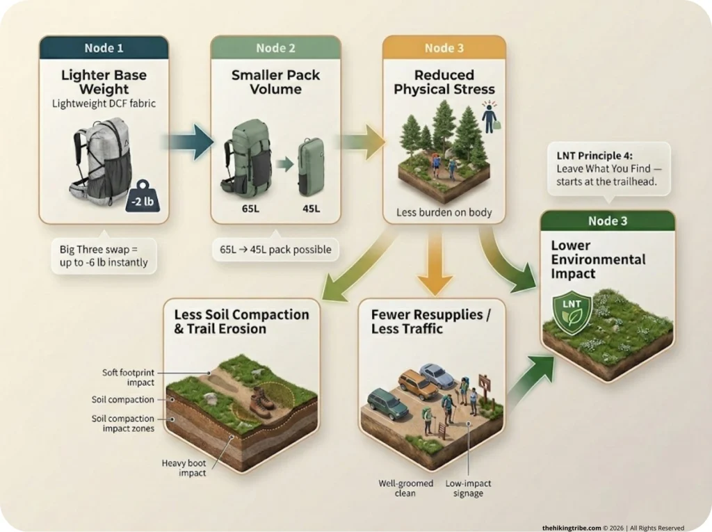 Infographic showing cause-and-effect flowchart from lighter base weight to lower trail erosion and environmental impact with labeled steps