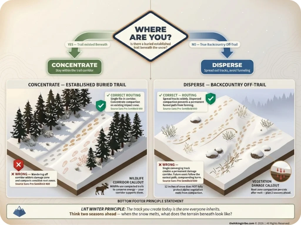 Infographic decision flowchart for winter LNT trail routing showing concentrate vs. disperse scenarios with correct and incorrect examples