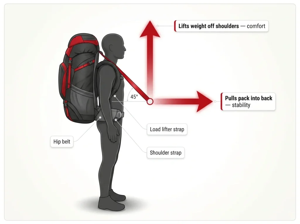 Diagram showing load lifter strap at 45 degrees with two force vectors: horizontal stability pull and vertical shoulder lift