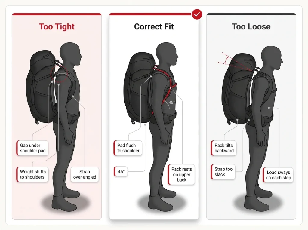 Three-panel comparison showing over-cranked load lifters with gap, correct 45-degree fit, and too-loose pack tilting back