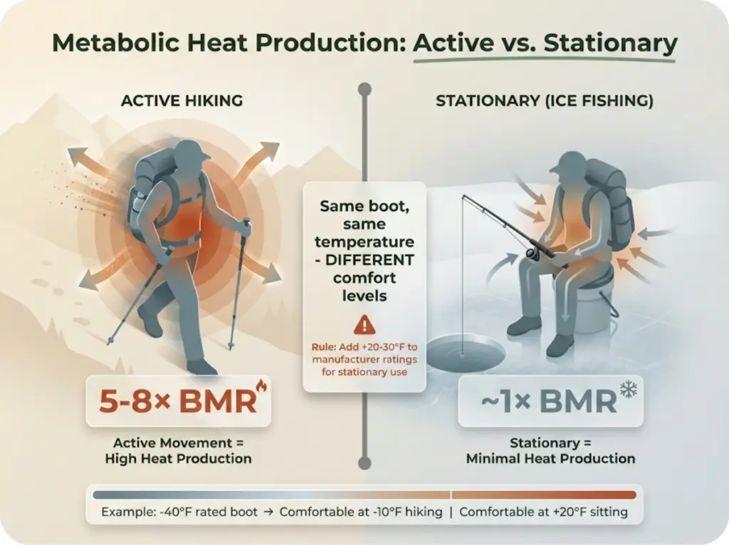 Split comparison showing metabolic heat production difference between active hiking and stationary ice fishing with body heat visualization and BMR rates.