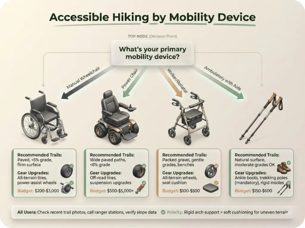 Decision flowchart showing trail recommendations, gear upgrades, and budget ranges based on primary mobility device type.