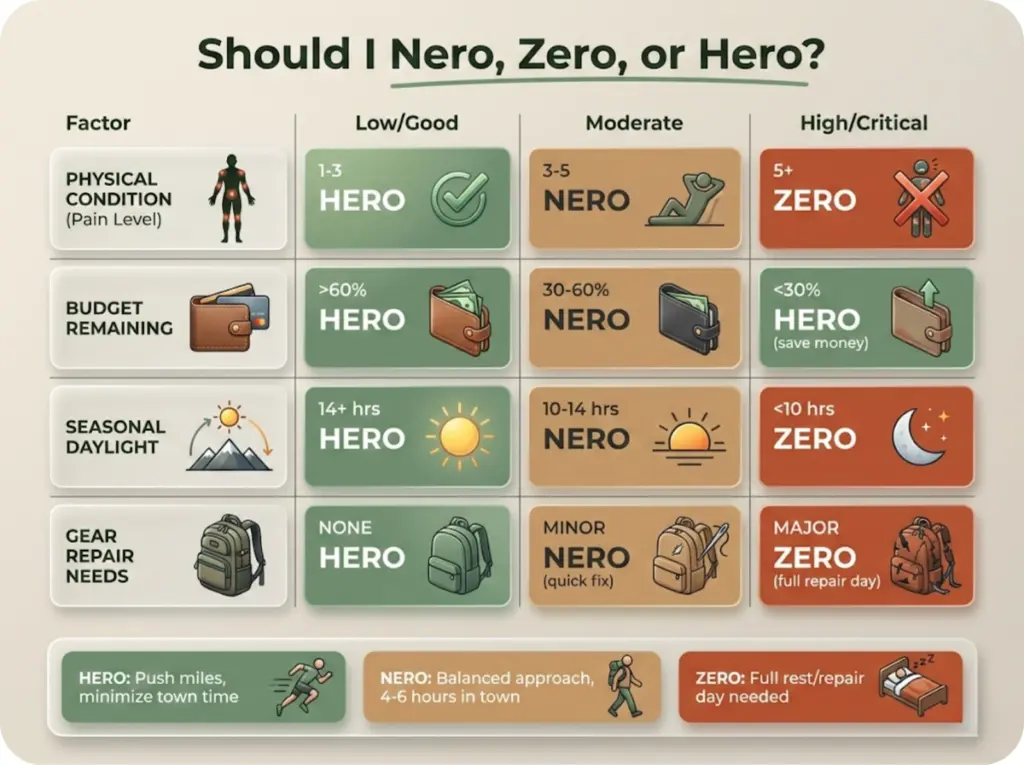 Decision matrix showing when to choose nero, zero, or hero days based on physical condition, budget, daylight, and gear repair needs.