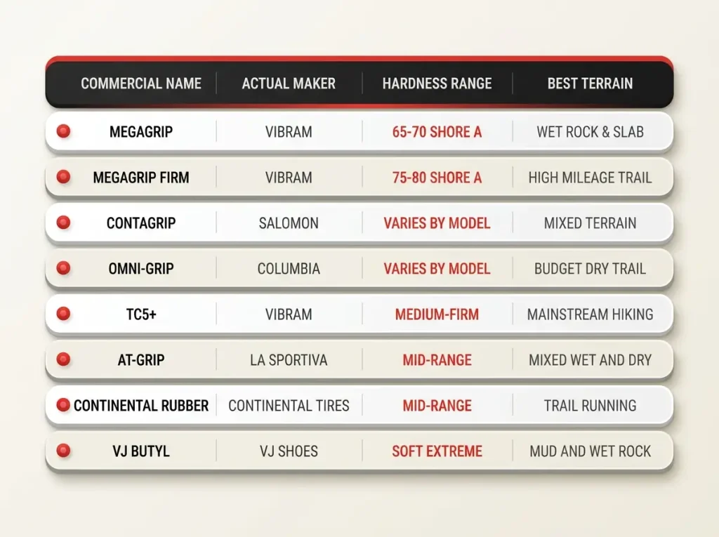 Infographic table translating outsole rubber logos like Megagrip and Contagrip into maker, hardness, and best terrain