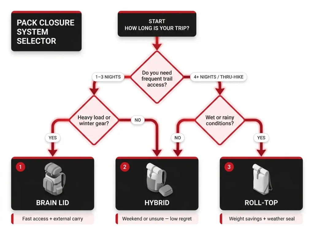 Decision tree flowchart helping hikers choose between brain lid, roll-top, or hybrid pack closure based on trip length, access needs, and weather