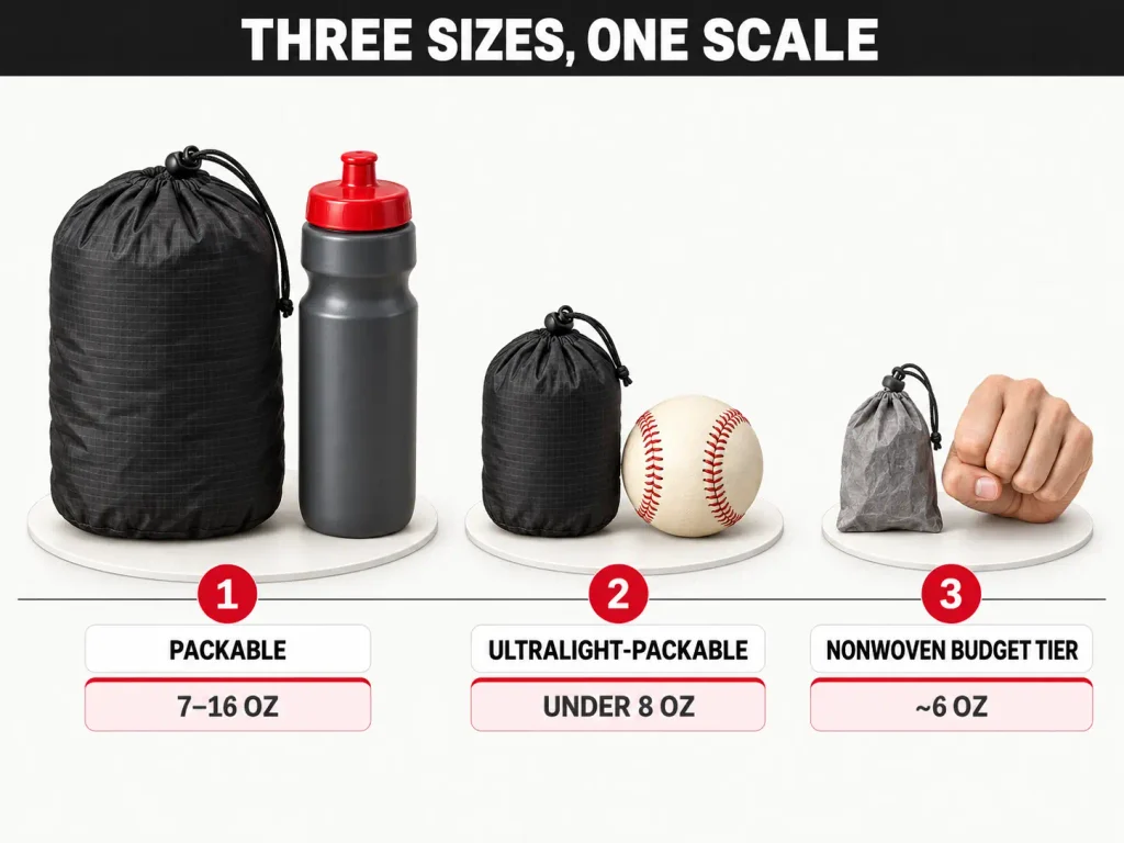 Comparison of three rain jacket packed sizes — water bottle, softball, and fist-sized — each with typical weight
