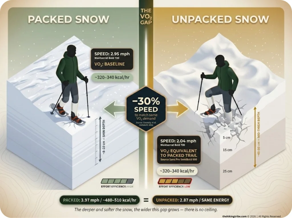 Infographic comparing packed vs. unpacked snow hiking with VO2 callouts, sinking depth labels, and calorie numbers per speed