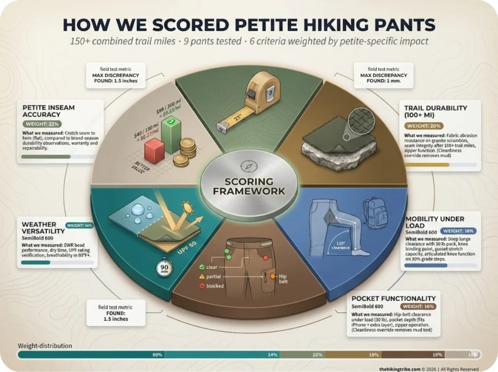 Infographic showing 6-point scoring wheel for petite hiking pants with icons, weight percentages, and measurement summaries