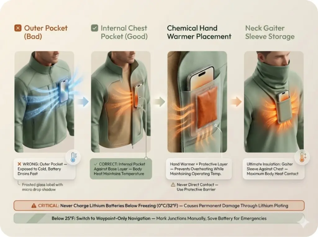Four-panel sequence showing proper phone insulation techniques for cold weather hiking from incorrect outer pocket storage to optimal body heat positioning.
