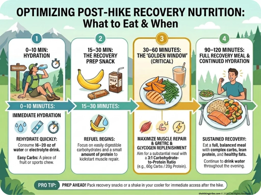 Infographic showing 30-60 min post-hike recovery timeline with food/drink cues and macro targets by body weight range
