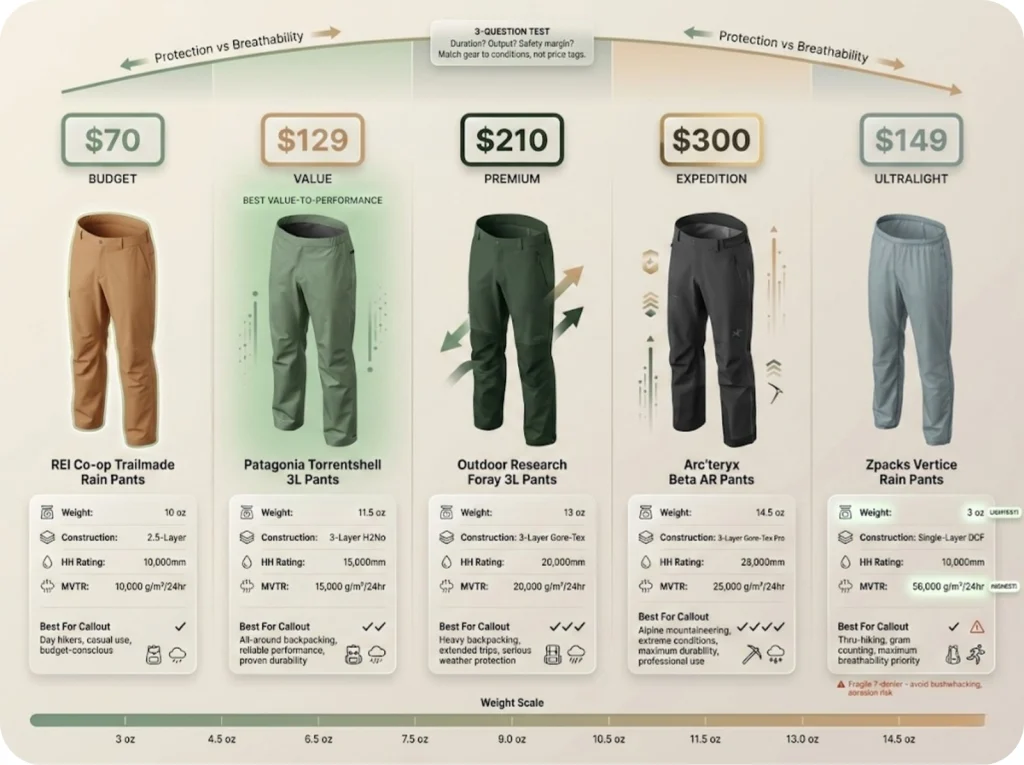 Horizontal tier comparison of five rain pants from budget to ultralight showing weight, construction, waterproof ratings, and optimal use cases.