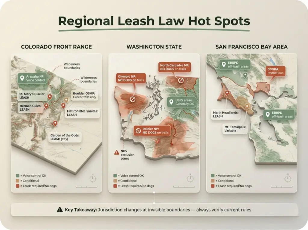 Three-panel regional map comparison showing Colorado Front Range, Washington State, and Bay Area with color-coded leash status zones and wilderness boundaries.