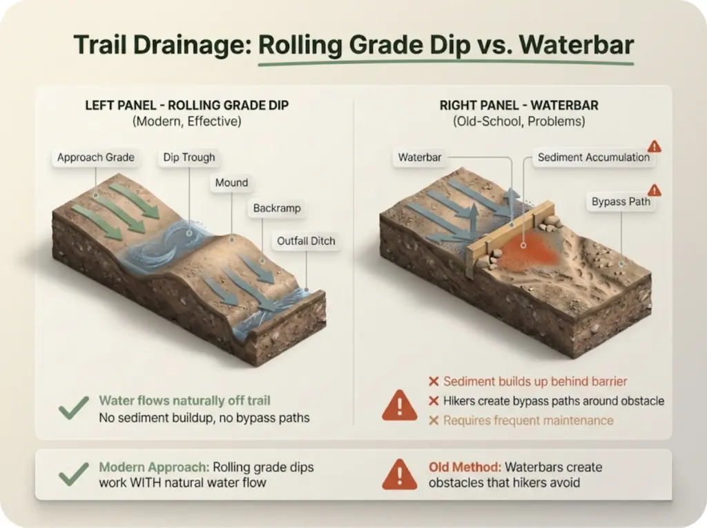 Cross-section comparison showing anatomy of a rolling grade dip with labeled components versus old-school waterbar with sediment accumulation and bypass path.
