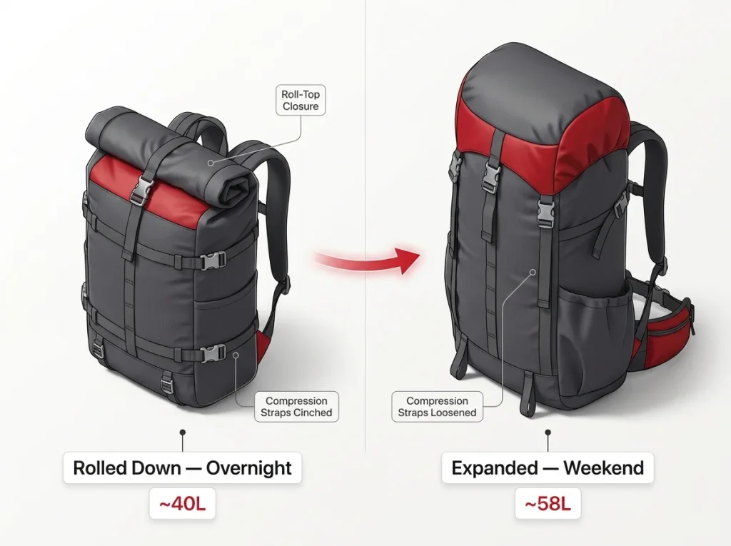 Infographic showing one roll-top backpack cinched down for overnight versus expanded for weekend with liter readouts