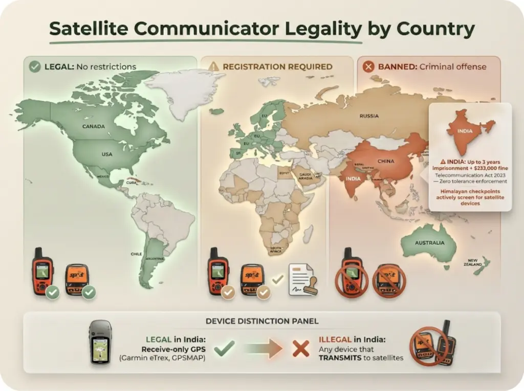 World map showing color-coded legality zones for satellite communicators with green for unrestricted, yellow for registration required, and red for banned countries.