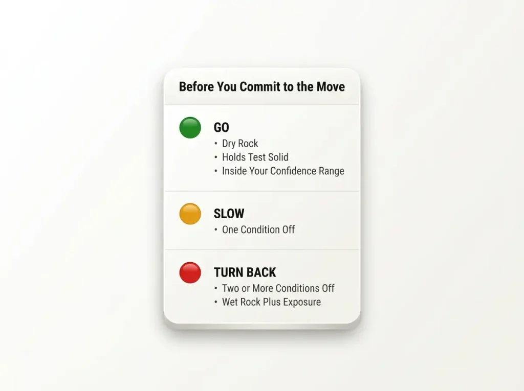 Decision card infographic with GO, SLOW, and TURN BACK tiers listing conditions for committing to a scramble move