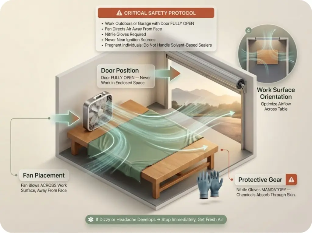 Safety warning diagram showing proper ventilation setup for tent seam sealing including fan placement, open door positioning, and airflow direction.