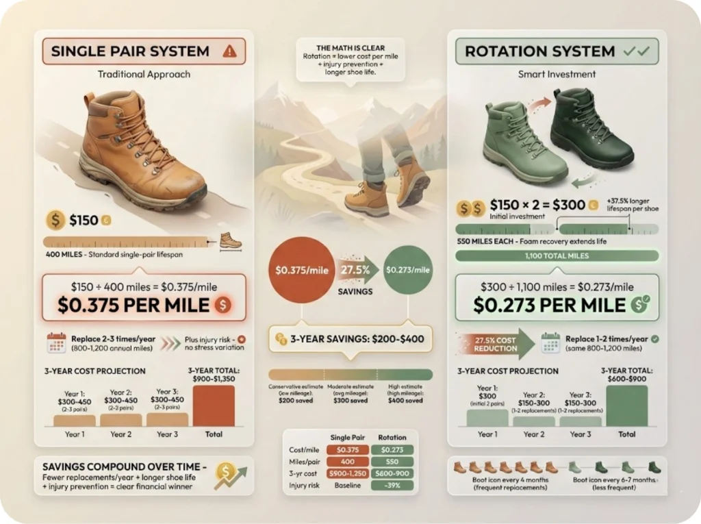 Cost-per-mile comparison showing single-pair versus rotation system with 3-year savings calculation and financial benefits breakdown.