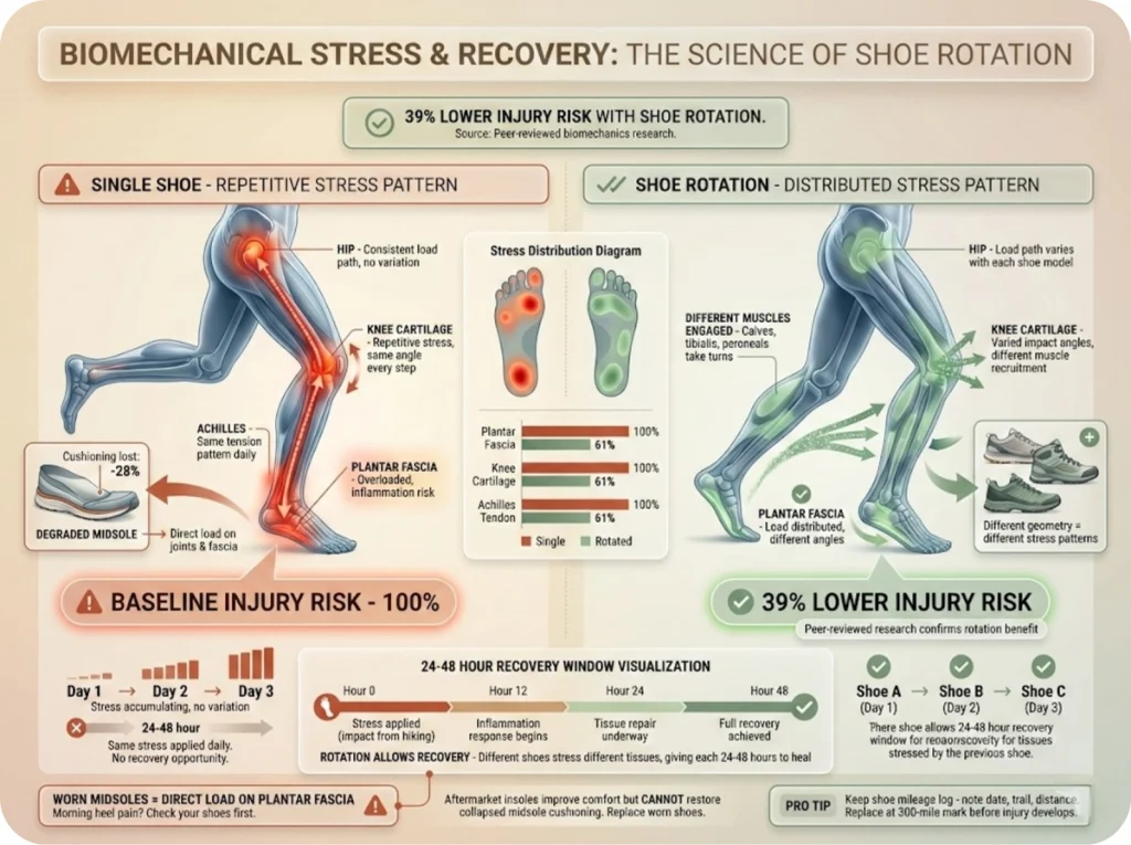 Visual comparison of stress patterns showing single-shoe concentrated joint stress versus rotated-shoe distributed loading with injury risk reduction data.