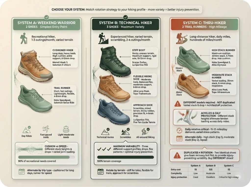 Three-column comparison of shoe rotation systems showing Weekend Warrior, Technical Hiker, and Thru-Hiker setups with shoe types and terrain profiles.