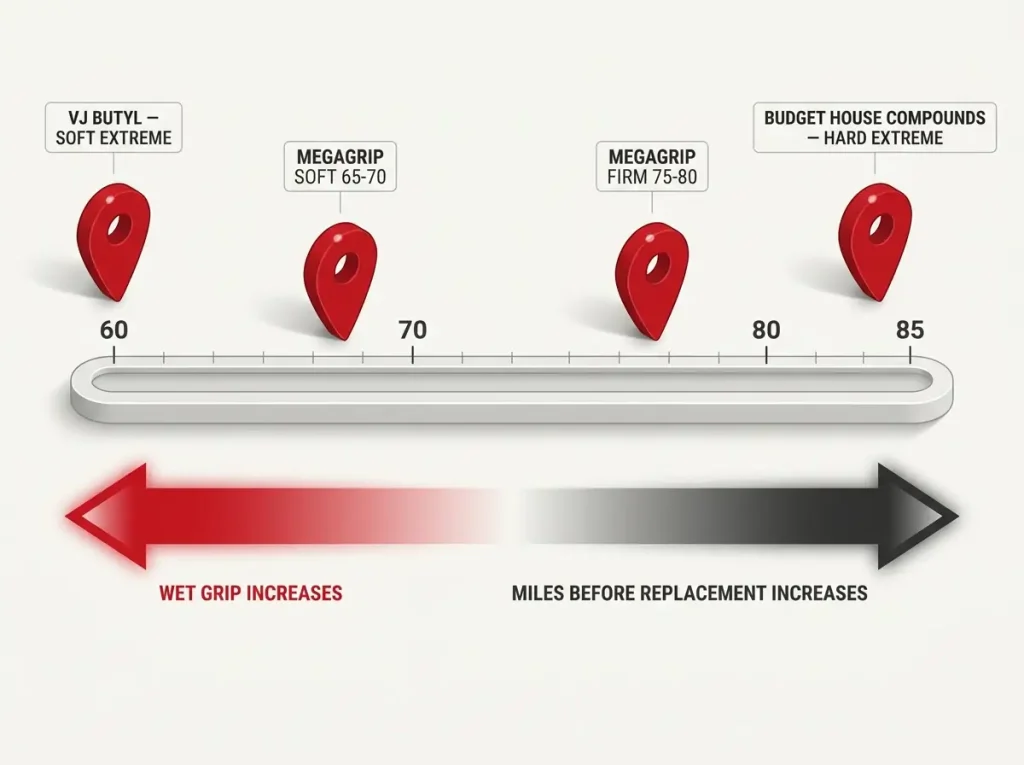 Infographic showing Shore A hardness scale 60 to 85 with rubber compounds plotted against wet grip and mileage tradeoff arrows