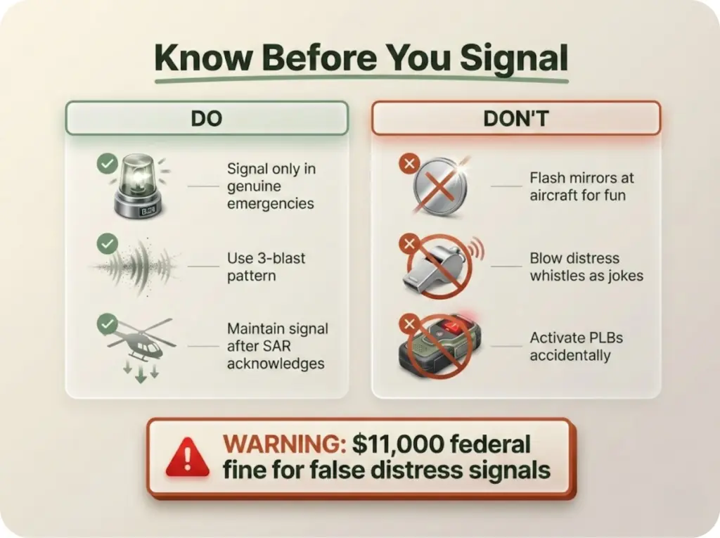 Emergency signaling etiquette checklist showing proper protocols and warnings about false distress signals with federal fine information.