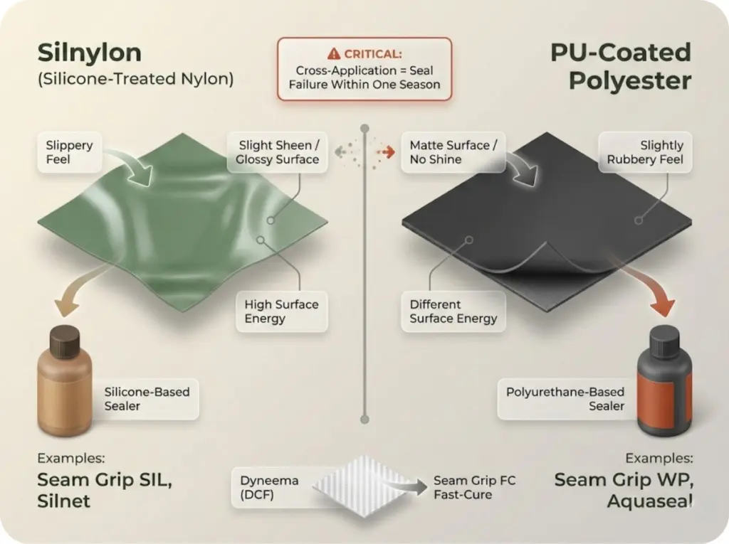 Side-by-side comparison of silnylon and PU-coated polyester tent fabrics showing texture differences, surface characteristics, and compatible sealer types.