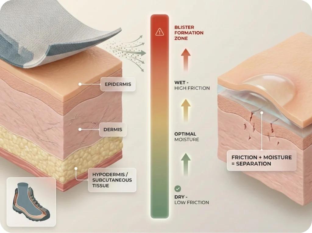 Anatomical cross-section diagram showing skin layers with friction mechanics scale and hydration danger zone for hiking blister formation.