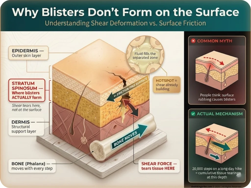 Infographic showing skin layer cross-section with labeled shear force arrows, bone motion, and blister formation depth vs. surface rubbing myth