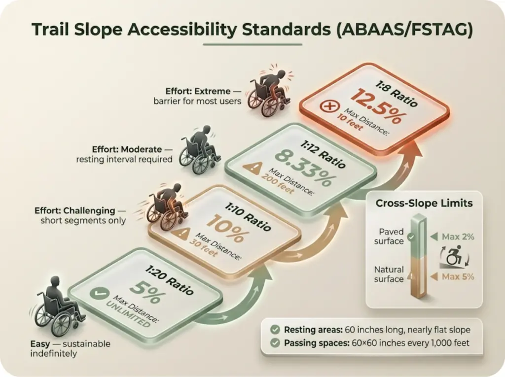 Slope ratio ladder showing five grade levels from 1:20 to 1:8 with percentages, maximum distances, and wheelchair effort indicators plus cross-slope gauge.