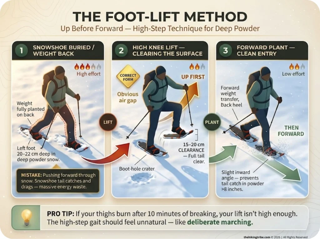 Infographic showing 3-step snowshoe foot-lift technique with UP-then-FORWARD arrows, knee height markers, and form cues