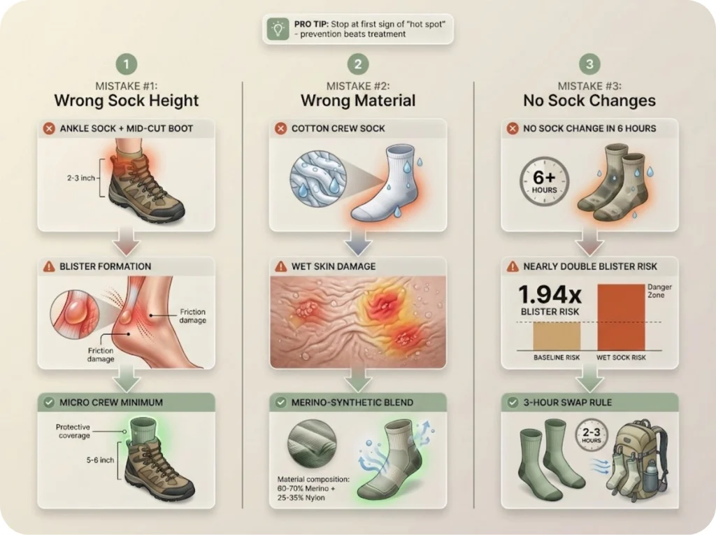 Three-panel flowchart showing common hiking sock mistakes, their consequences, and proper solutions to prevent blisters.