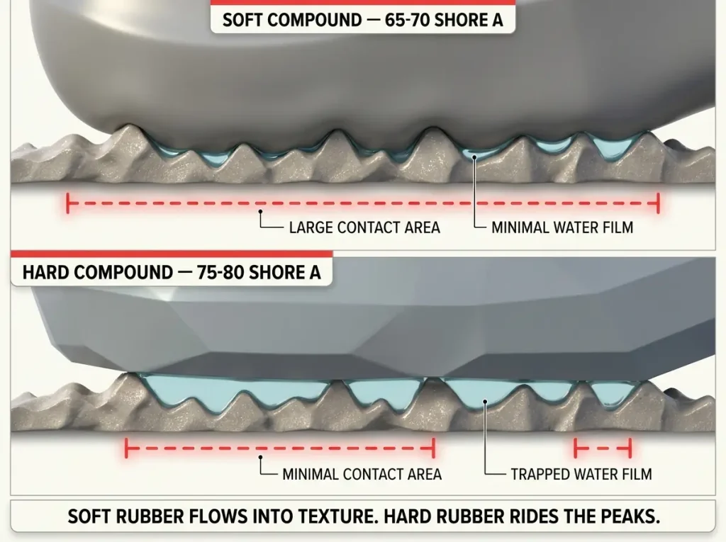 Infographic cross-section showing soft rubber deforming into wet rock texture versus hard rubber contacting only peak tips