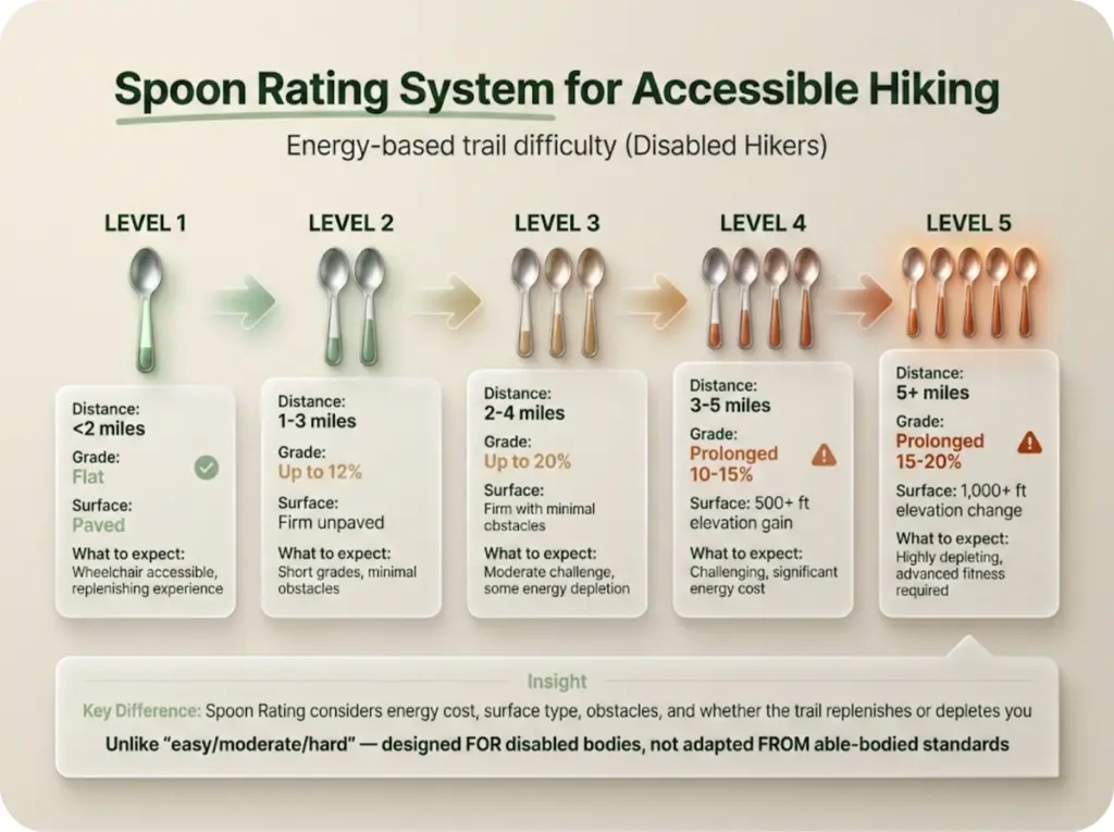 Horizontal spoon rating scale from 1 to 5 spoons showing distance range, max grade, surface type, and energy cost descriptors with progressive fill icons.