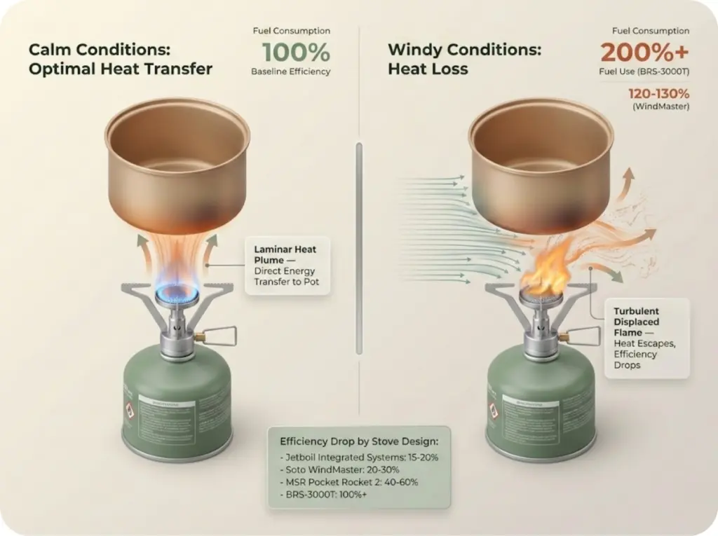 Side-by-side comparison showing canister stove flame behavior in calm versus windy conditions with laminar heat plume and turbulent displaced flame patterns.