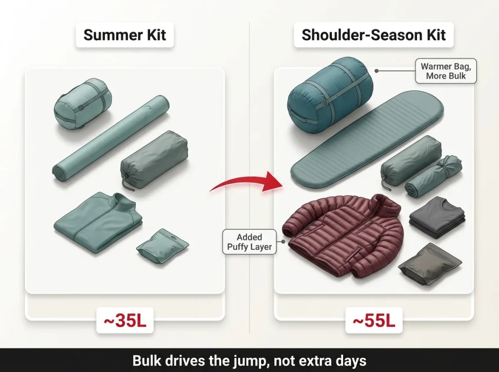 Infographic comparing summer overnight gear flat-lay at 35L versus shoulder-season kit with puffy layers at 55L