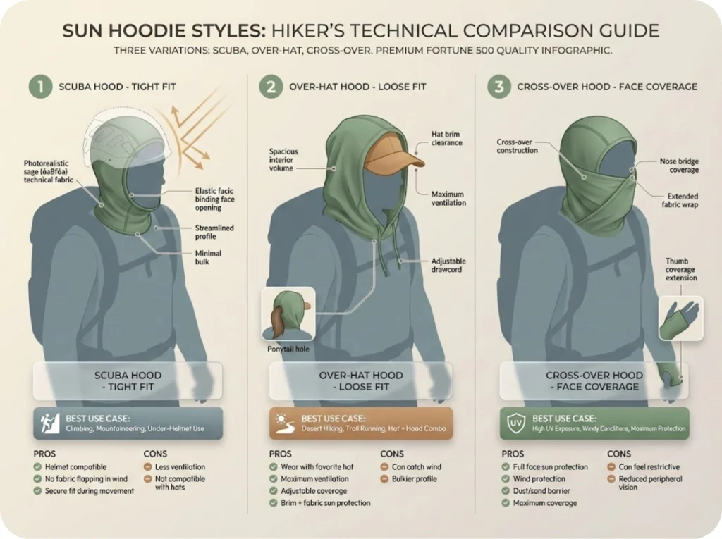 Three-panel comparison showing scuba, over-hat, and cross-over hood styles with use cases and advantages for hiking sun protection.
