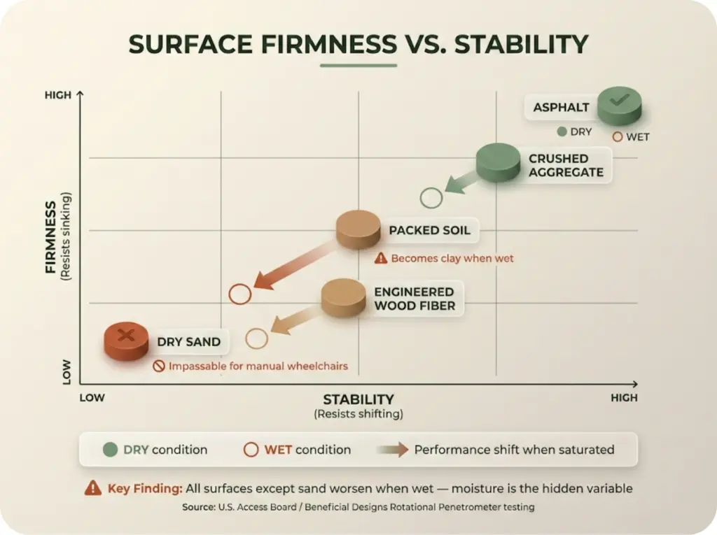 Two-axis chart plotting five surface types by firmness and stability with dry versus wet condition arrows showing performance degradation.