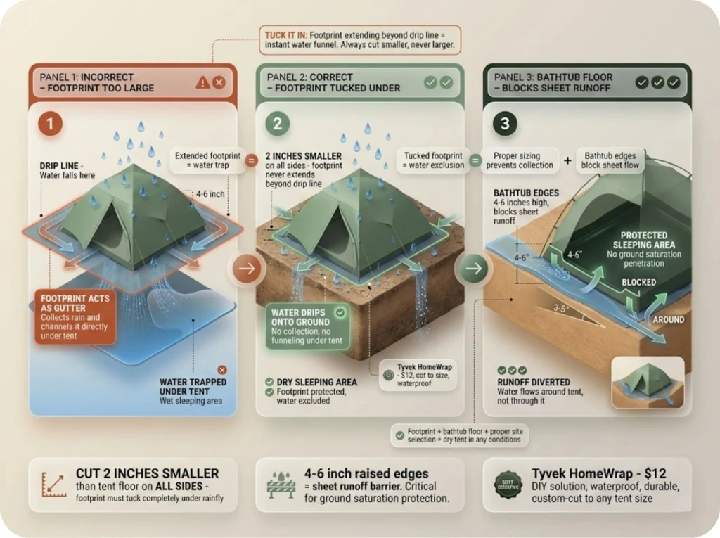 Three-panel sequence showing incorrect footprint extending beyond tent, correct tucked footprint, and bathtub floor cross-section blocking runoff.
