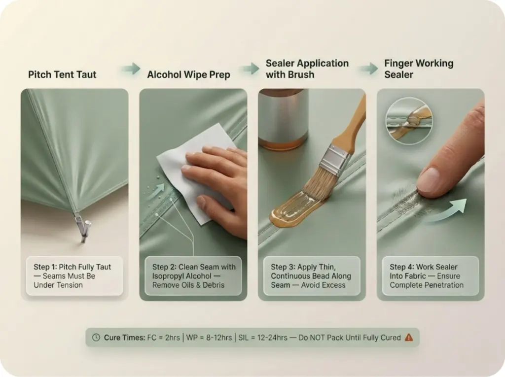 Four-step visual sequence showing proper tent seam sealing technique from setup through alcohol prep, sealer application, and working sealer into seams.