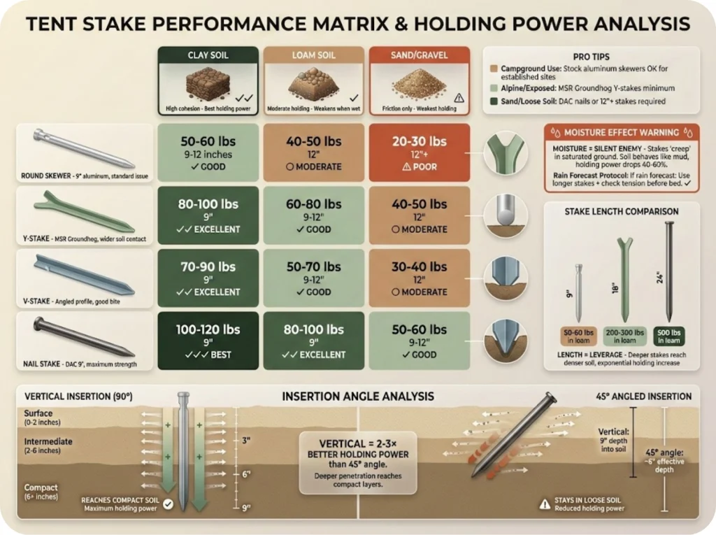 Comparison matrix showing four stake types across three soil types with holding power ratings and insertion angle analysis showing vertical versus 45-degree placement.
