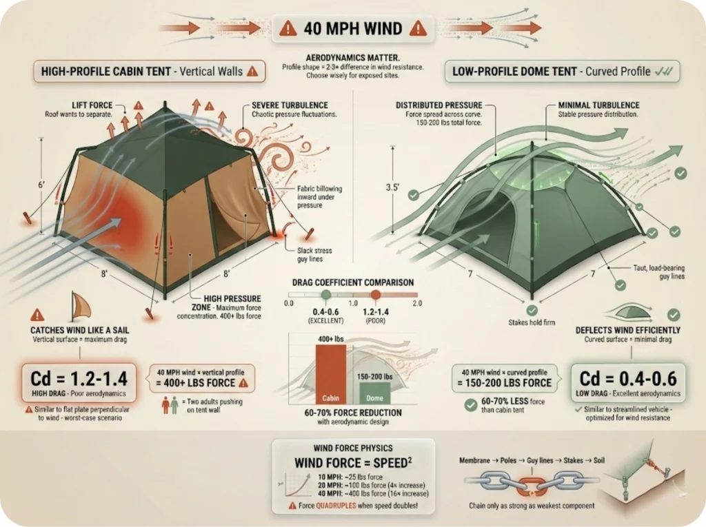 Cross-section comparison of high-profile cabin tent versus low-profile dome tent showing airflow vectors, drag coefficients, and wind deflection patterns.