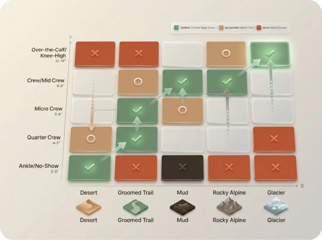 Decision matrix chart showing optimal sock height recommendations across five terrain types from desert to glacier conditions.