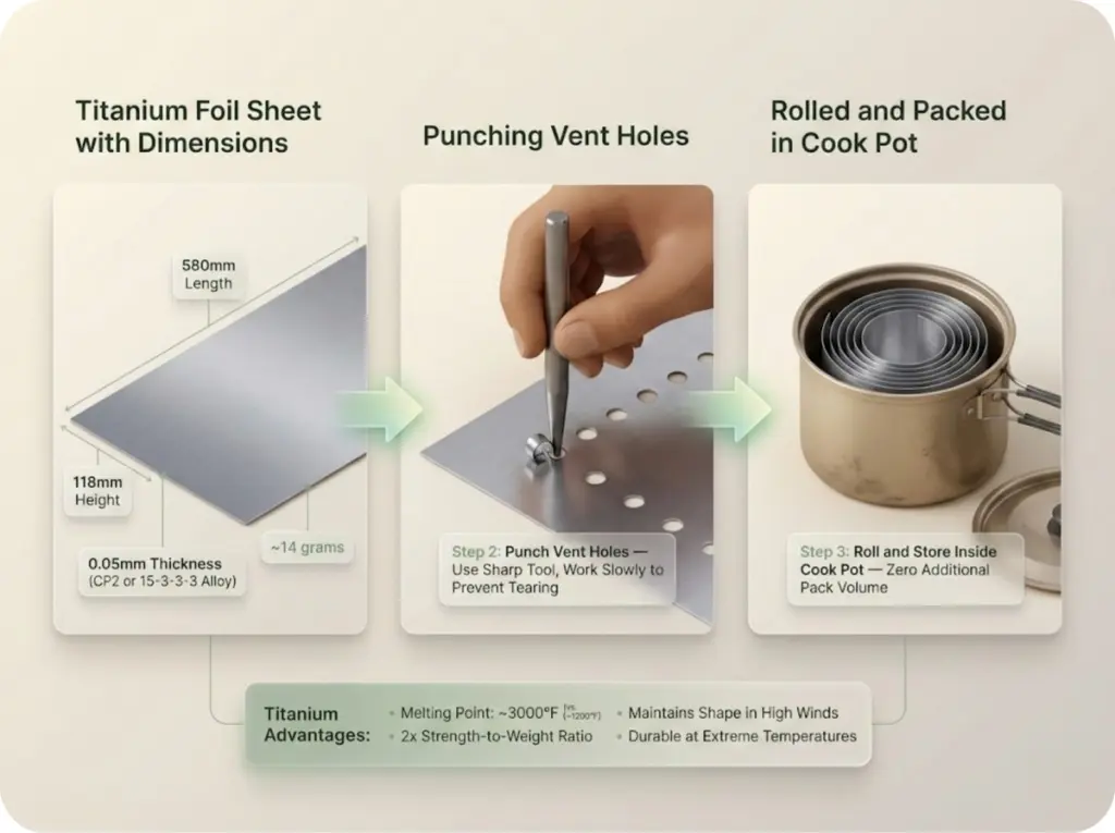 Three-step fabrication sequence showing titanium foil windscreen construction from flat sheet with dimensions through vent hole punching to final rolled storage in cook pot.