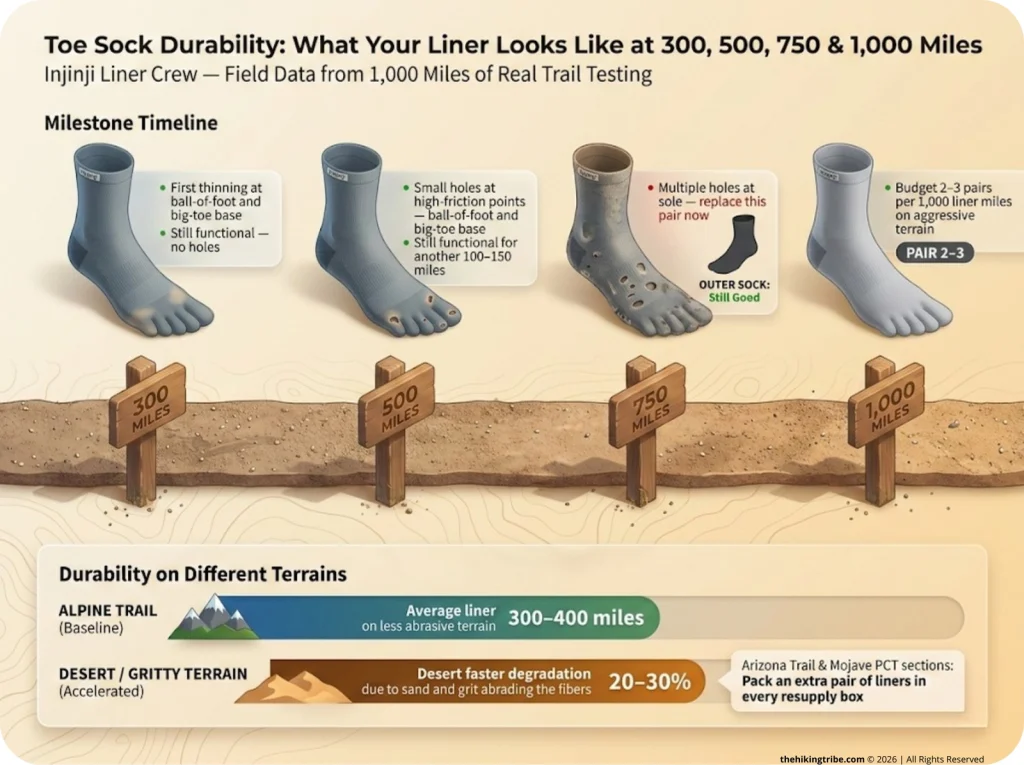 Infographic showing toe sock wear timeline at 300, 500, 750, and 1000 miles with desert vs. alpine terrain degradation comparison bars
