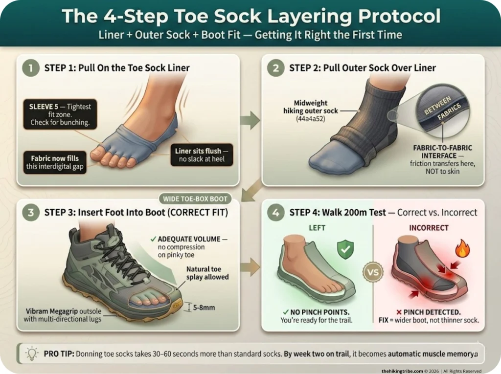 Infographic showing 4-step toe sock layering protocol with boot cutaway views, correct vs. incorrect fit callouts, and fabric interface labels